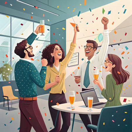 A diverse group of four colleagues raise their glasses in celebration, surrounded by falling confetti, in a modern office setting with drinks on a table.の素材