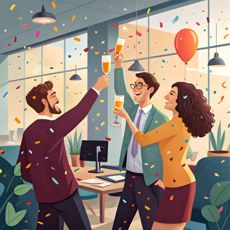 Three smiling colleagues raise glasses of champagne in a toast, surrounded by falling confetti and balloons, celebrating a shared achievement in a bright office.の素材