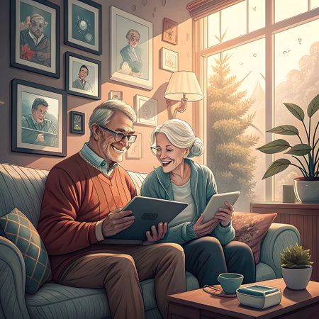 A happy elderly couple sits on a couch, smiling and looking at a tablet and a photo album, bathed in warm sunlight.の素材
