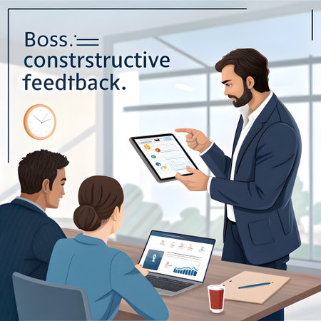 A male manager presents information on a tablet to two employees in a modern office setting, discussing feedback.の素材
