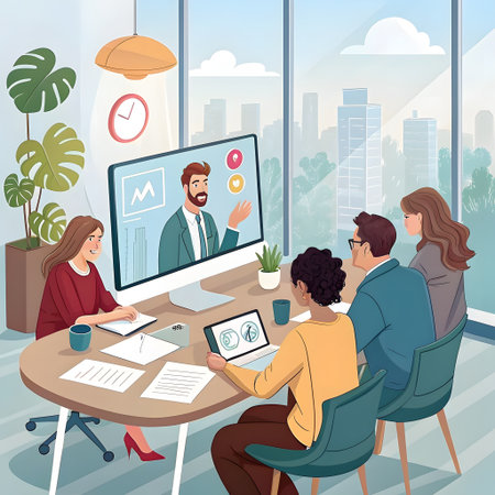 A diverse group of people are engaged in a video conference, discussing business plans around a table with documents and tablets.の素材