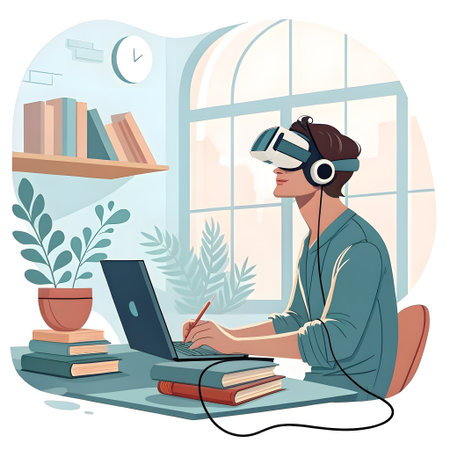A person in a virtual reality headset sits at a desk, studying with a laptop and books, with plants and a window in the background.の素材