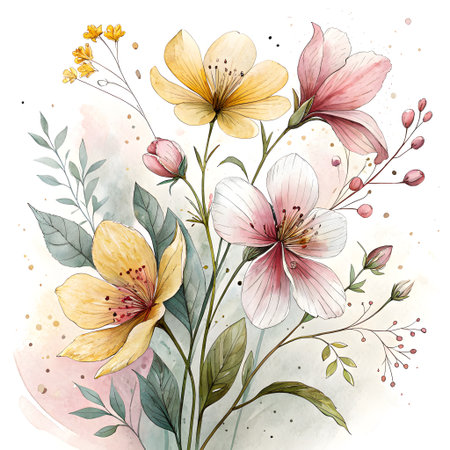 A beautiful watercolor painting of a wildflower bouquet featuring soft yellow and pink blossoms with delicate green foliage and artistic splatters.の素材