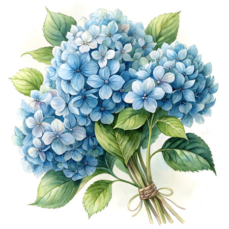 A charming illustration of a bouquet of soft blue hydrangeas with green leaves, tied with twine. Vintage botanical art style.の素材