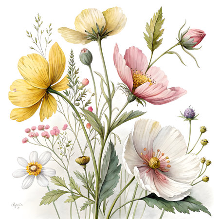 A vibrant watercolor painting showcases a lush arrangement of soft pink and yellow wildflowers, including delicate poppies, against a white background.の素材
