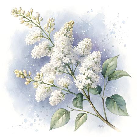 A beautiful watercolor painting of white lilac branches with green leaves against a soft, blended background.の素材