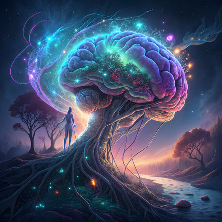 A surreal landscape features a giant, glowing brain shaped like a tree, with a lone figure observing its cosmic energy and vibrant, ethereal glow.の素材