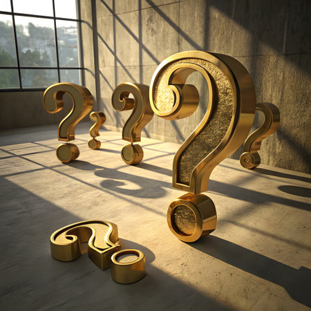 Several ornate golden question marks stand in a dimly lit room, casting long shadows as sunlight streams through a large window.の素材