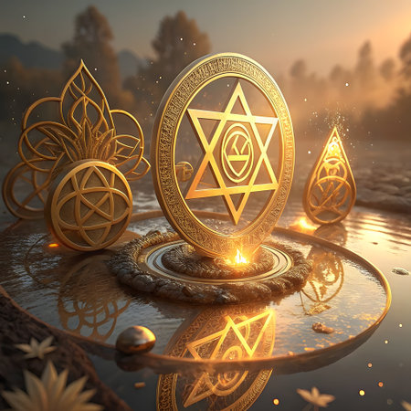 A glowing golden Star of David symbol is central, surrounded by ornate golden objects and reflections on a wet surface, creating a mystical atmosphere.の素材