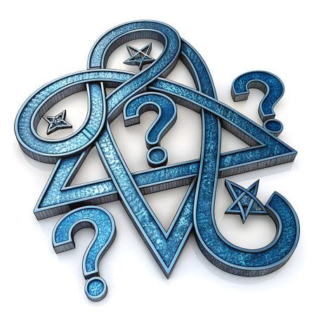 A complex, interwoven blue metallic symbol featuring a Star of David, question marks, and five-pointed stars, suggesting mystery and knowledge.の素材