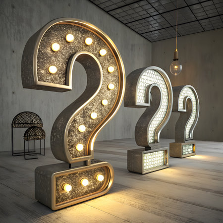 Three large, vintage-style marquee question marks with glowing bulbs stand on a wooden floor in a dimly lit, industrial-inspired room.の素材