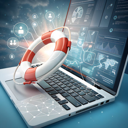 A life preserver ring is placed on a laptop, symbolizing digital safety, data recovery, and technical assistance.の素材