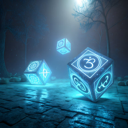 Three illuminated cubes with intricate glowing symbols rest on a wet, reflective surface in a dimly lit, atmospheric setting.の素材