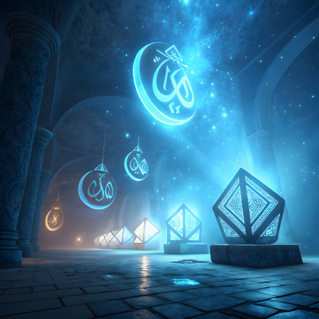An ethereal scene with luminous Islamic calligraphy and intricate geometric crystal formations bathed in blue light.の素材