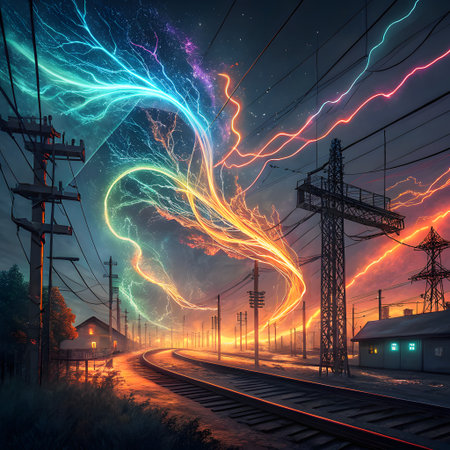 Spectacular streaks of colorful electric energy swirl and dance in the sky above a railway line, creating a surreal and energetic atmosphere.の素材
