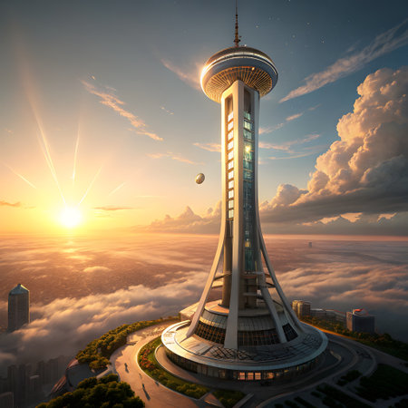 A stunning, futuristic rendition of the Space Needle soaring above a sea of clouds during a vibrant sunset.の素材