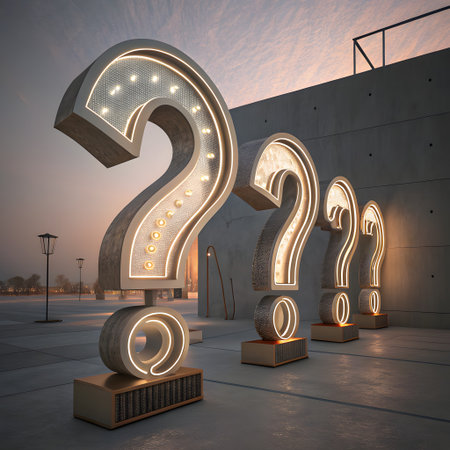 Several large, illuminated question mark sculptures stand in a line on a concrete surface against a muted sky and building.の素材