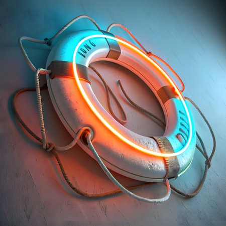 A white life preserver with orange and blue neon lights wrapped around it, resting on a textured, gray surface.の素材