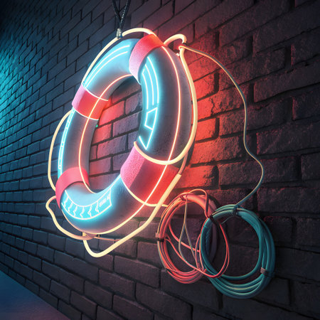 A vibrant neon lifebuoy glows with red and blue light, casting a warm illumination against a textured brick wall.の素材