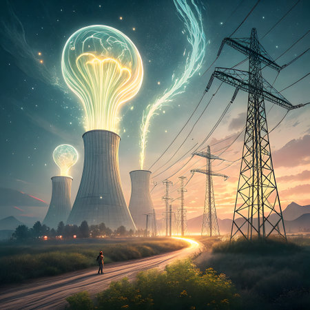 A surreal landscape where nuclear cooling towers emit glowing lightbulb shapes, connected by energy streams to power lines and a transmission tower.の素材
