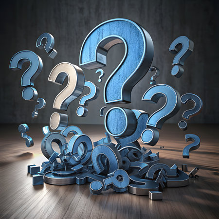 A collection of metallic blue question marks of various sizes float around intricate mechanical parts and gears on a wooden surface.の素材