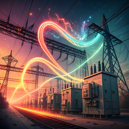 A dramatic scene of colorful energy arcs flowing through a power substation with transmission towers and electrical equipment under a twilight sky.の素材
