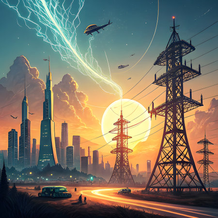 A vibrant sunset illuminates a futuristic city with towering skyscrapers, power lines, and airborne vehicles, showcasing advanced technology and energy infrastructure.の素材