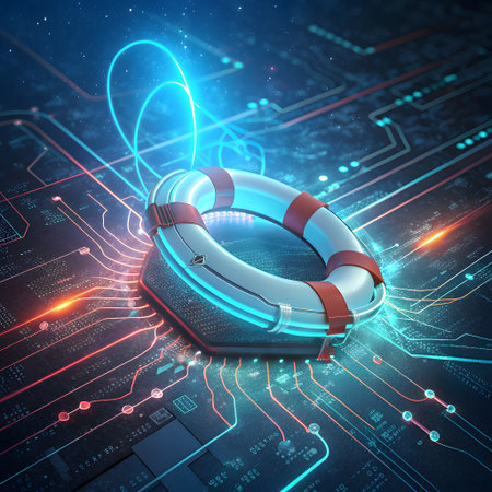 A glowing life preserver floats on a complex circuit board, symbolizing digital rescue and technological assistance.の素材