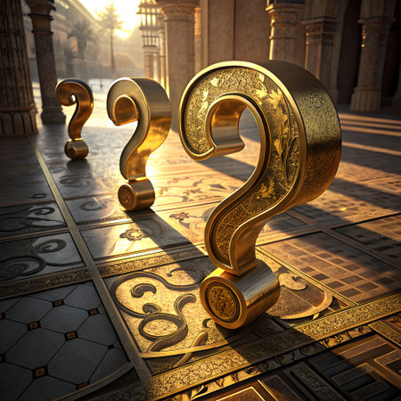 Three ornate golden question marks stand on an ancient patterned floor, bathed in warm sunlight filtering through temple columns.の素材