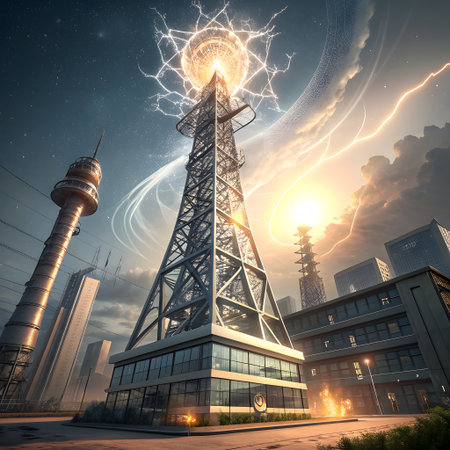 A towering, intricate structure pulses with energy, surrounded by city buildings under a dramatic, stormy sky with lightning.の素材