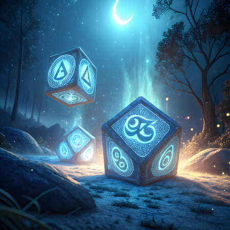 Three glowing, cube-shaped artifacts with intricate glowing symbols float in a dark, mystical forest at night, illuminated by moonlight.の素材