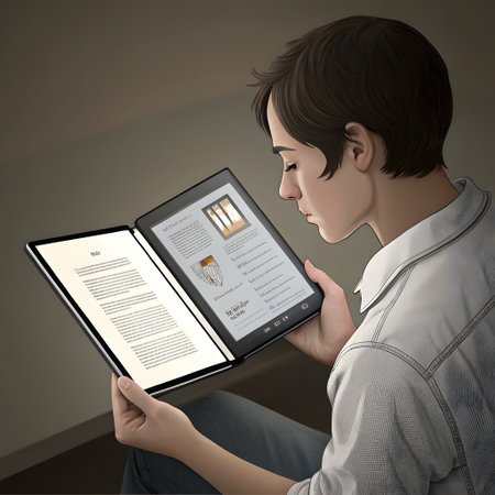 A young woman with short hair is focused on a modern electronic device with two illuminated screens displaying text and drawings.の素材