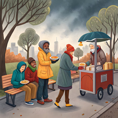 A group of people are gathered around a food cart in a park, with trees showing autumn colors.  Some are waiting in line, and others are being served.の素材