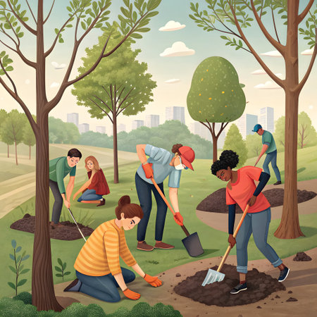 A diverse group of people are actively engaged in gardening and tree planting activities in an outdoor park setting.の素材