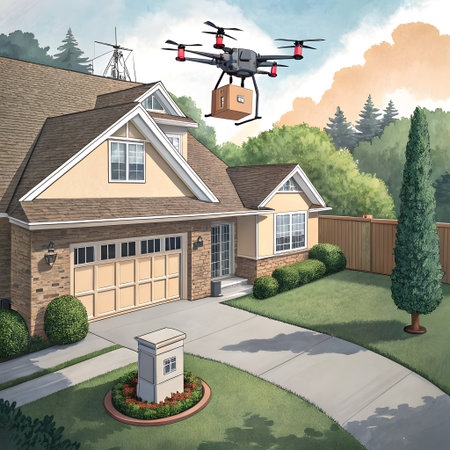 A drone flies over a suburban home, carrying a package. The scene depicts modern delivery technology in a residential setting.の素材