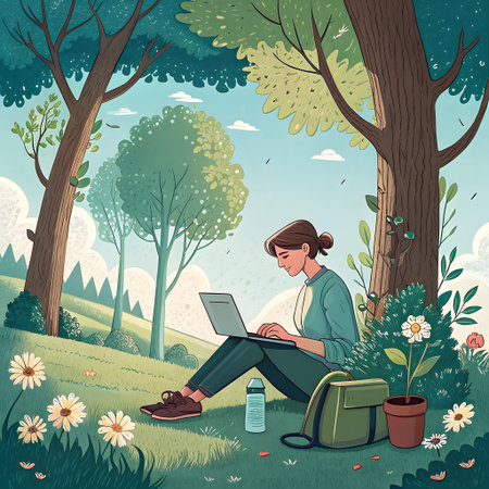 A young woman sits on a grassy hill under the shade of a tree, working on her laptop with a backpack and plant nearby.の素材