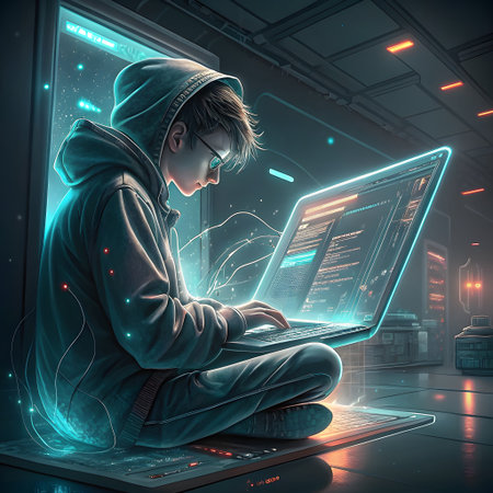 A young person in a hoodie sits cross-legged, intensely focused on a glowing laptop screen displaying code in a dark, futuristic setting with neon lights.の素材