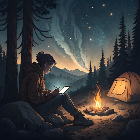 A person sits by a crackling campfire, looking at a tablet, with a tent nearby under a vast, star-filled sky.の素材