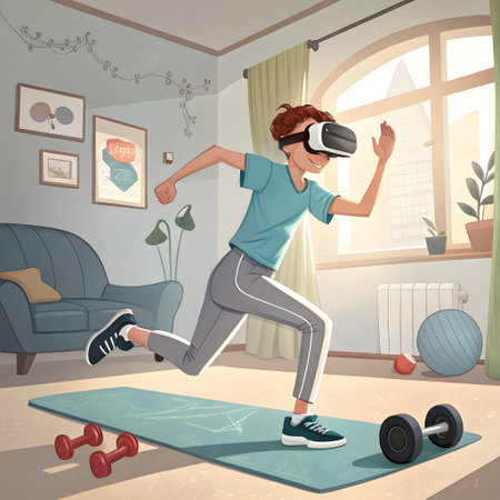 A woman is actively engaged in a virtual reality fitness session at home, running on a mat with dumbbells nearby.の素材