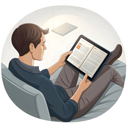A young man is comfortably seated on a sofa, engrossed in reading on his digital tablet.の素材