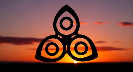 A striking black symbol with concentric oval shapes stands out against a dramatic sunset, casting a mystical glow.の素材