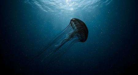 A solitary jellyfish with long tentacles drifts gracefully in the dark blue depths of the ocean, illuminated by a faint light from above.の素材