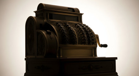 A vintage wooden cash register with multiple keys and a side crank, evoking a sense of nostalgia and old-fashioned commerce.の素材