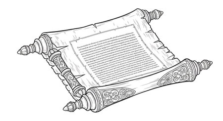 A detailed black and white illustration of an old scroll unfurled, resting on decorative wooden supports, filled with handwritten text.の素材