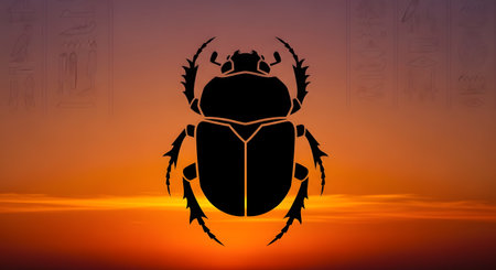 A striking black silhouette of a scarab beetle is centered against a vibrant, warm-toned sunset with dramatic clouds.の素材