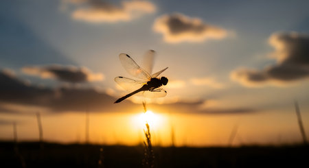 A delicate dragonfly is captured in mid-flight, its wings translucent against the warm glow of a setting sun.の素材