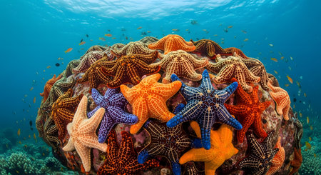 A dense cluster of colorful starfish in various hues cling to a coral formation underwater, showcasing marine biodiversity.の素材