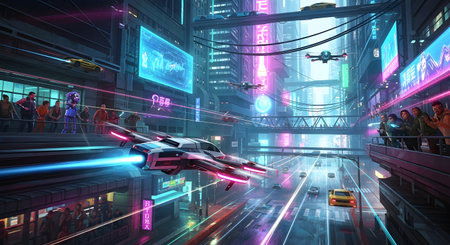 A vibrant cyberpunk city street at night, illuminated by glowing neon signs and traversed by futuristic flying vehicles and a yellow taxi.の素材