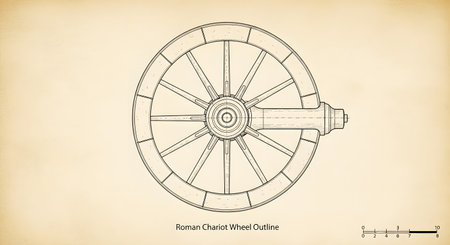 A precise line drawing showcases the intricate construction of a historical wagon wheel, highlighting its spokes, rim, and hub.の素材