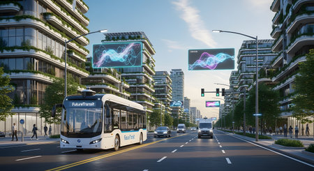 A modern city street with tall buildings, an autonomous bus, and vibrant digital advertisements displayed on large screens.の素材